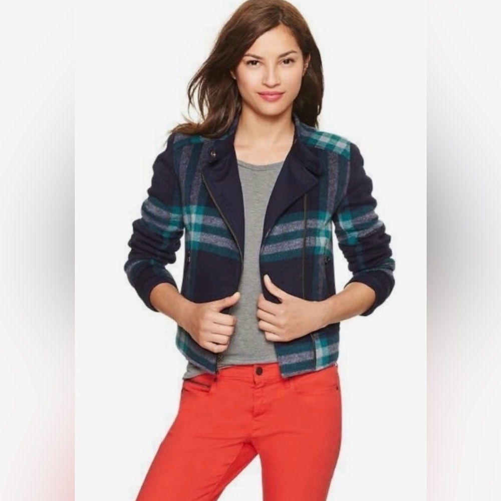 Gap Navy Blue Green Plaid Wool Blend Moto Jacket Quilted Inside Size Large - Picture 10 of 10